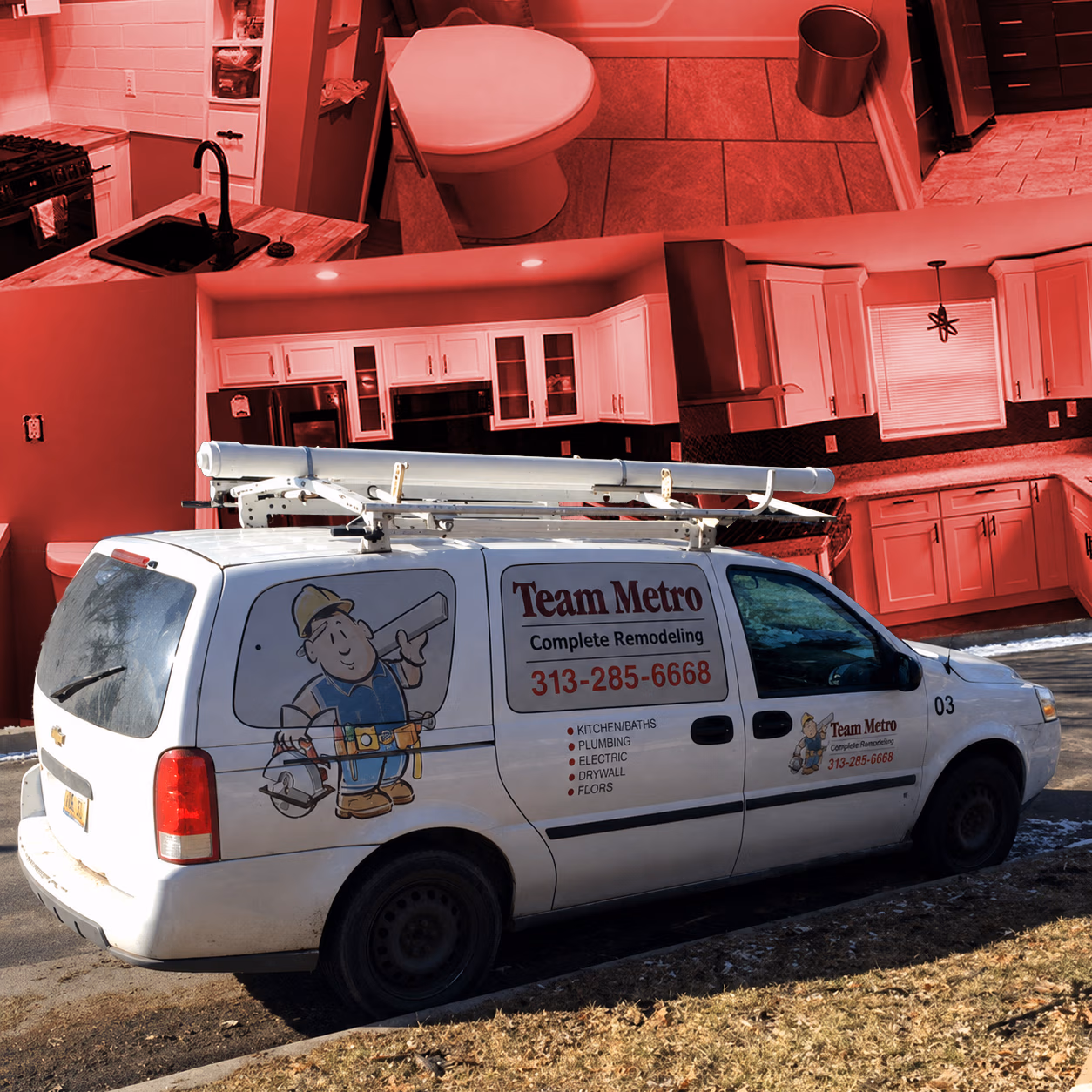 White Team Metro remodeling van parked on street with tool-laden handyman illustration and contact info.