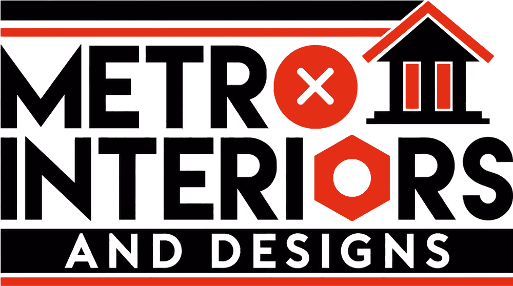 Metro Interiors and More Metro Interiors and More logo with black and red text and house roof icon.